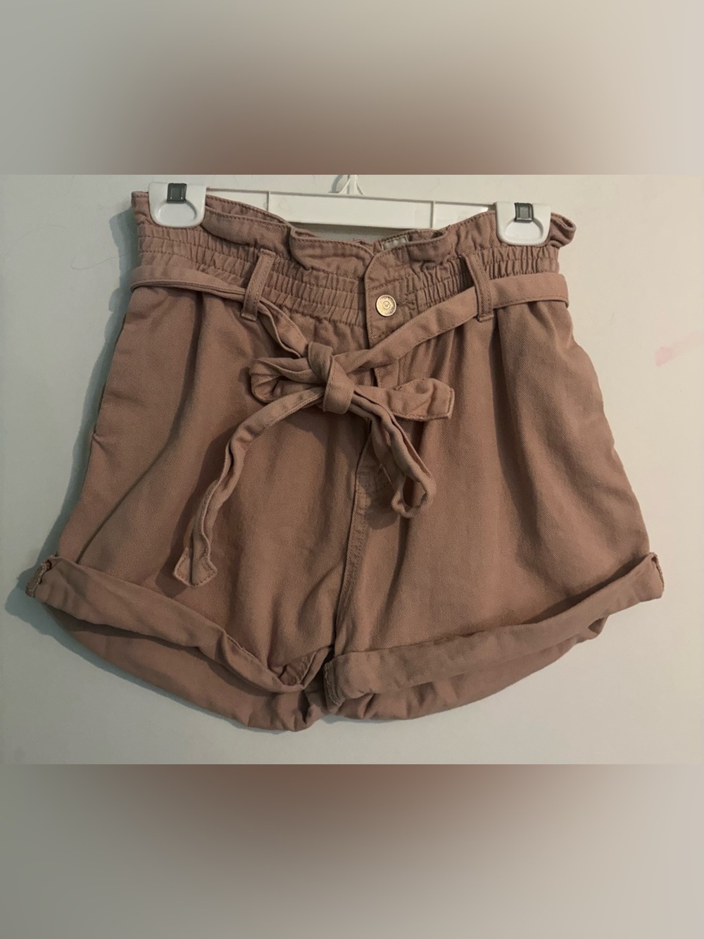 Wishlist Jeans Sz Medium Pink Paperbag High Waist Belted Denim 2” Inseam Shorts